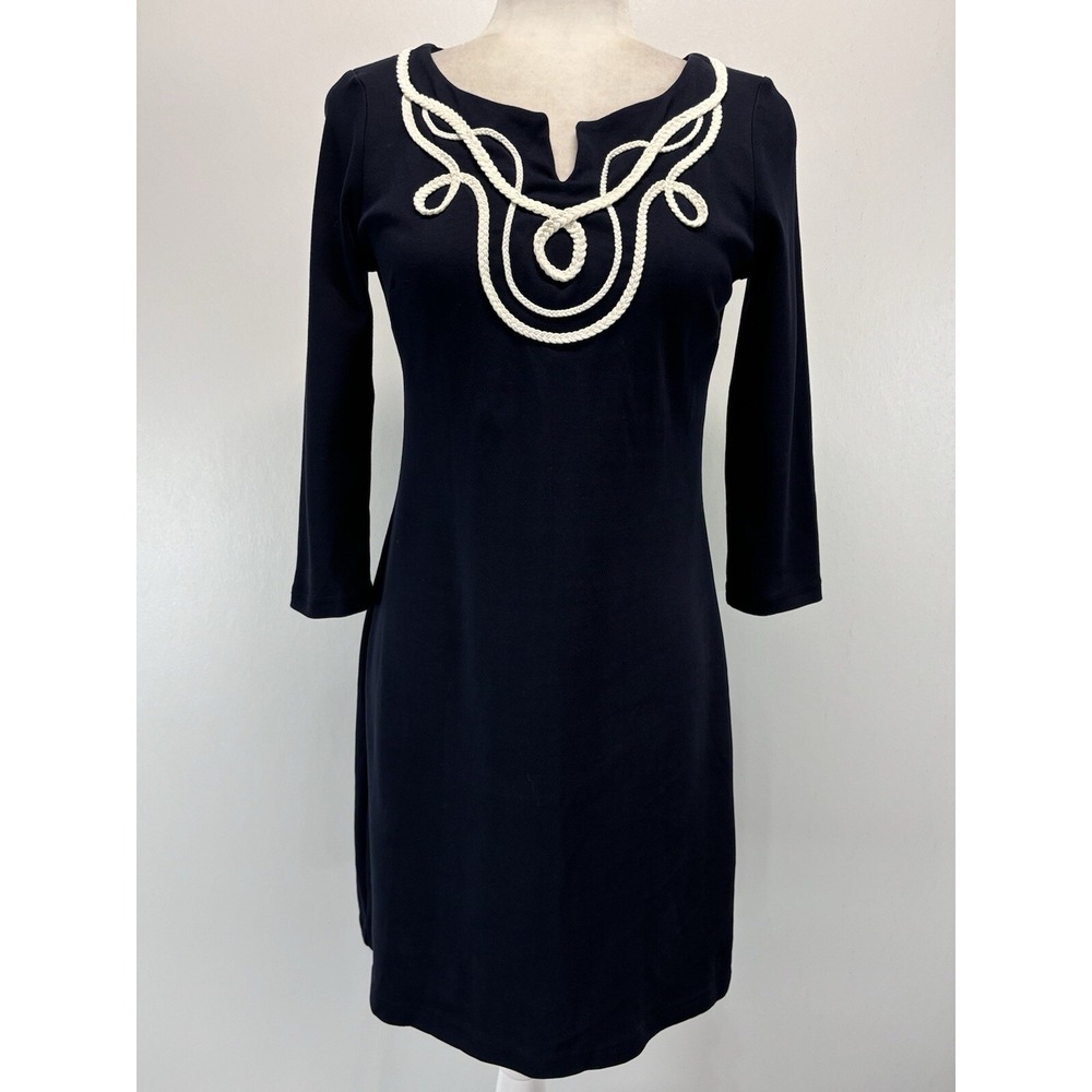 Talbots Rope Embroidered Dress Sz Small Petites Navy Nautical 3/4 Sleeve Sheath